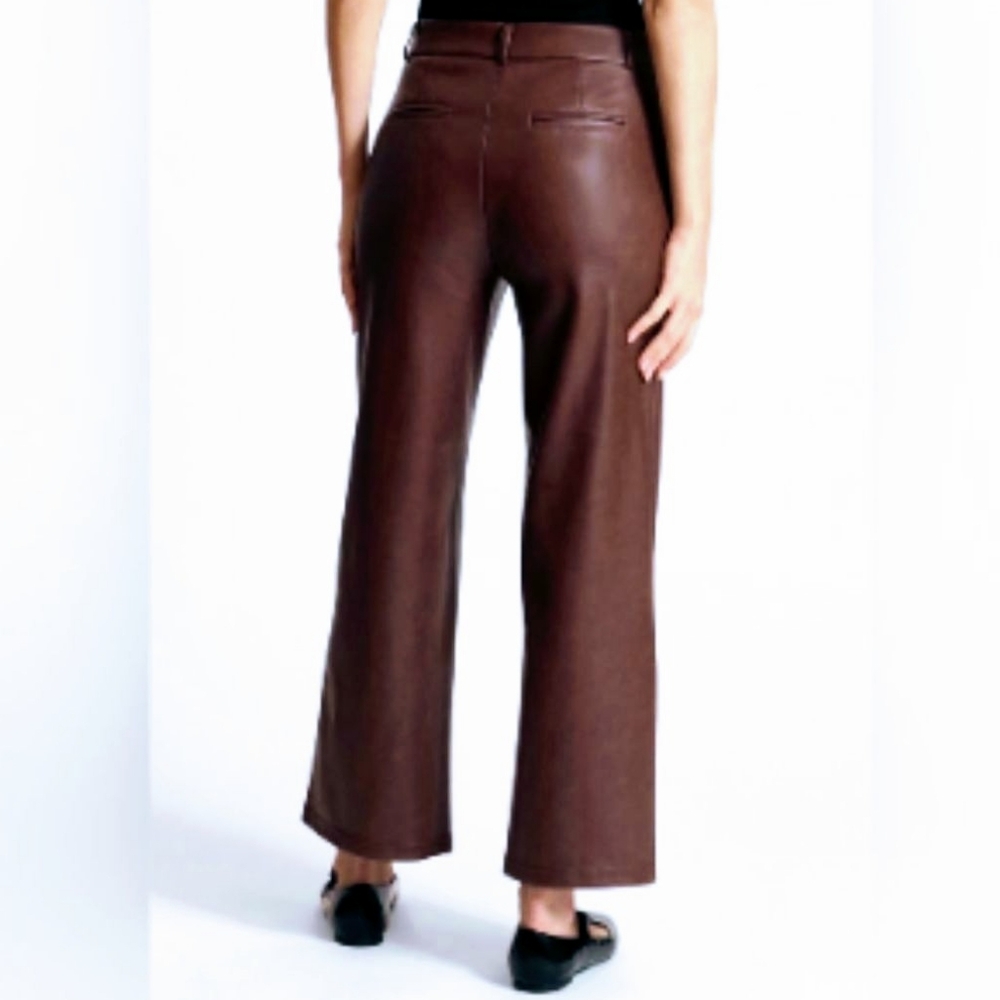 Avec Les Filles Faux Vegan Leather Pants Brown Zip Fly Anthropology Wide Leg - Picture 2 of 4